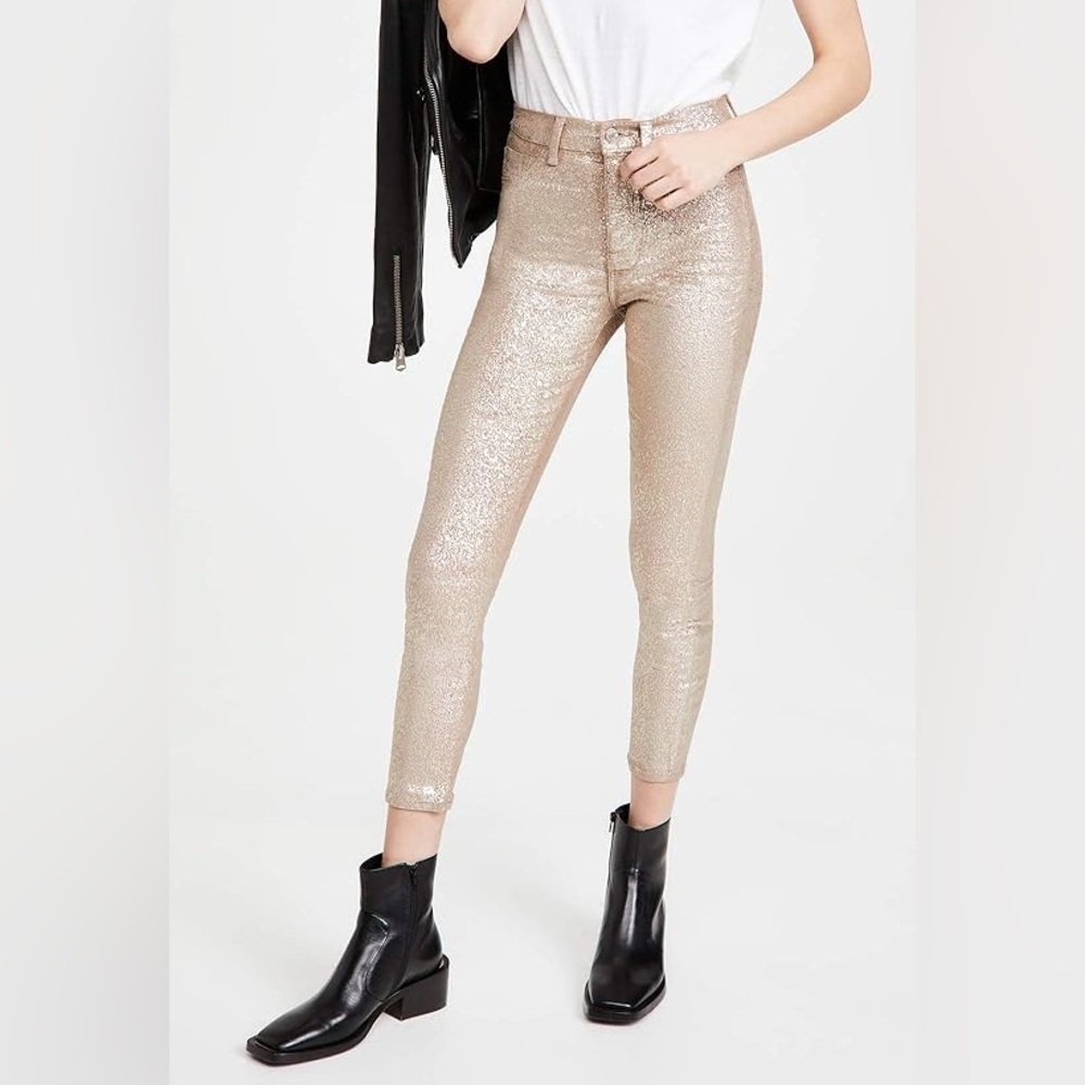 7 For All Mankind Metallic Gold “Cracked” Stretchy Cropped Skinny Jeans 29